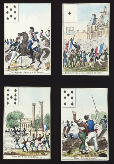 Four cards from a pack illustrated with propaganda scenes from the 1830 Revolution, Paris, 1831 by French School